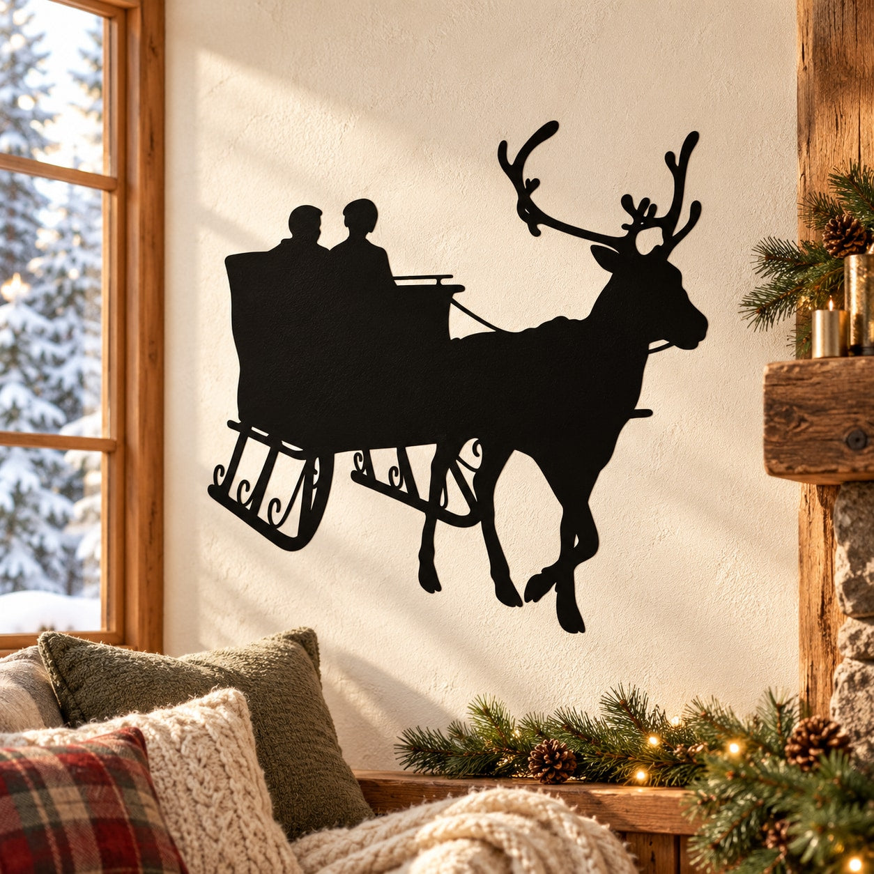 Black reindeer pulling cart wall decal with sleigh silhouette