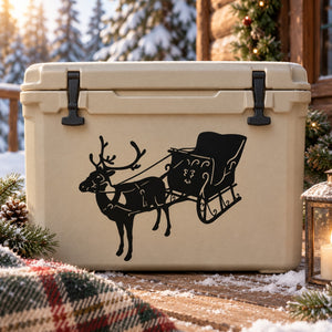 Rectangular gift box with black reindeer pulling sleigh decal