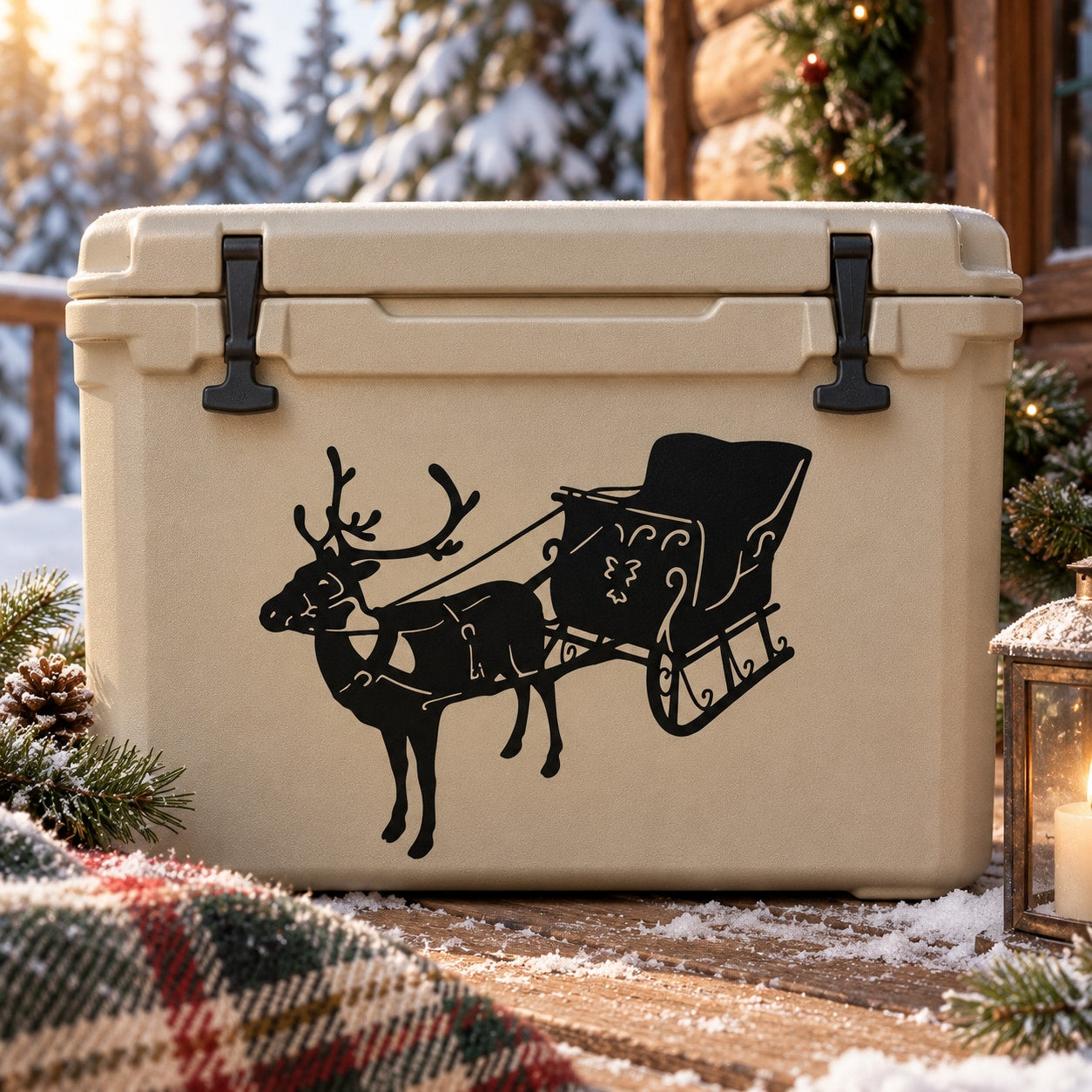 Rectangular gift box with black reindeer pulling sleigh decal