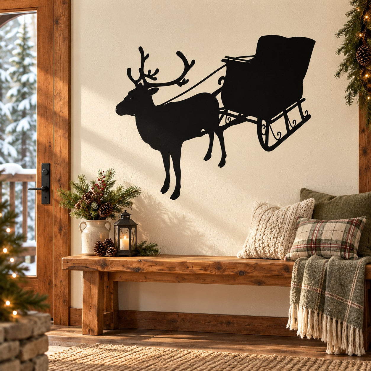 Black reindeer and sleigh silhouette wall decal for holiday decor