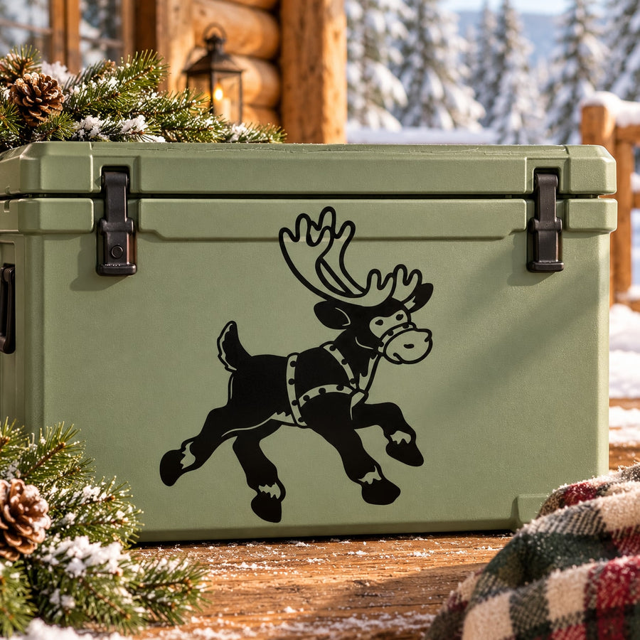 Prancing reindeer decal, black silhouette on light green surface