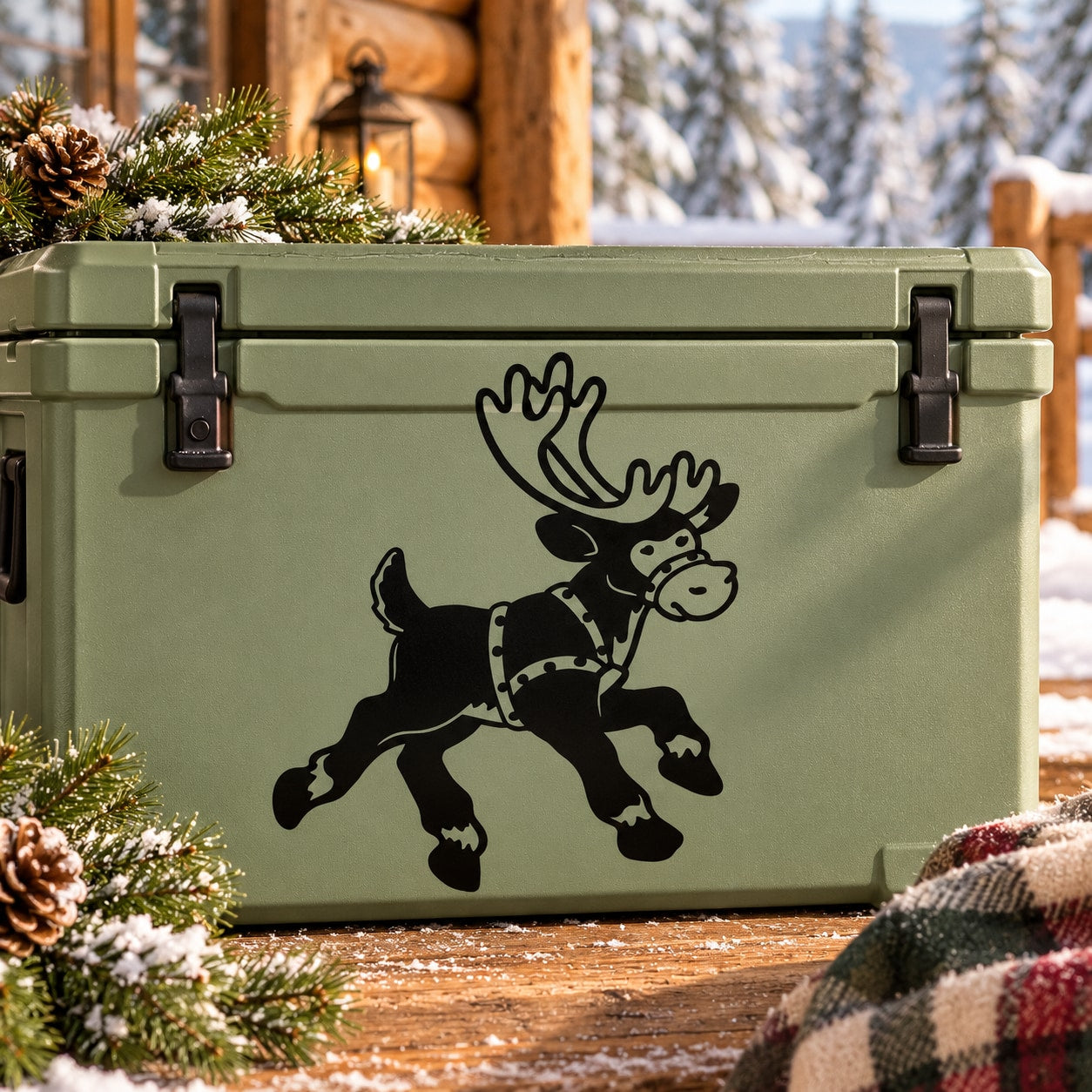 Prancing reindeer decal, black silhouette on light green surface