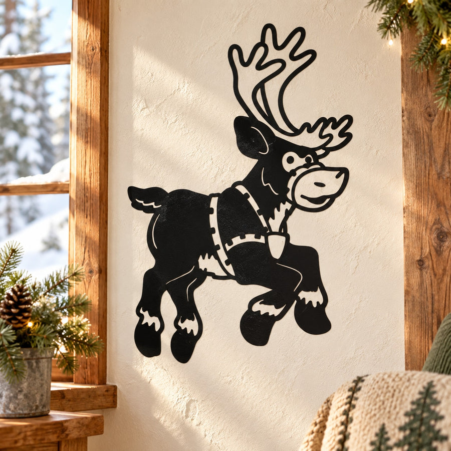 Leaping reindeer decal, black silhouette with antlers and curled legs