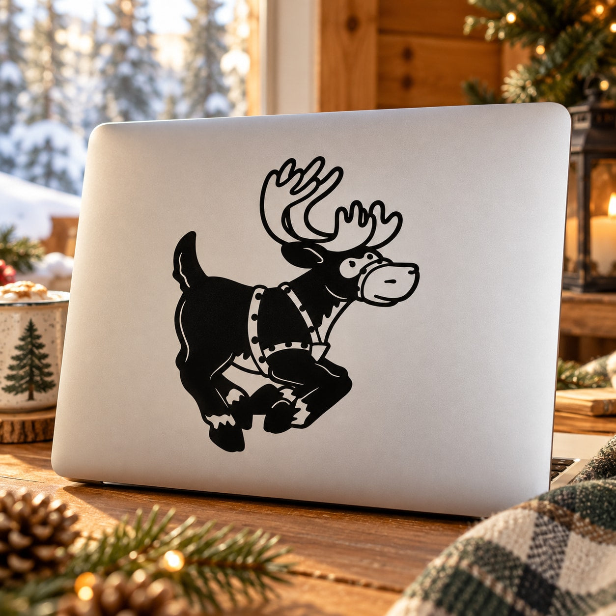 Reindeer and rider black decal for laptop