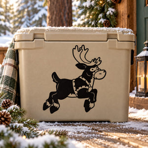 Black reindeer decal sticker with antlers and legs posed as jumping