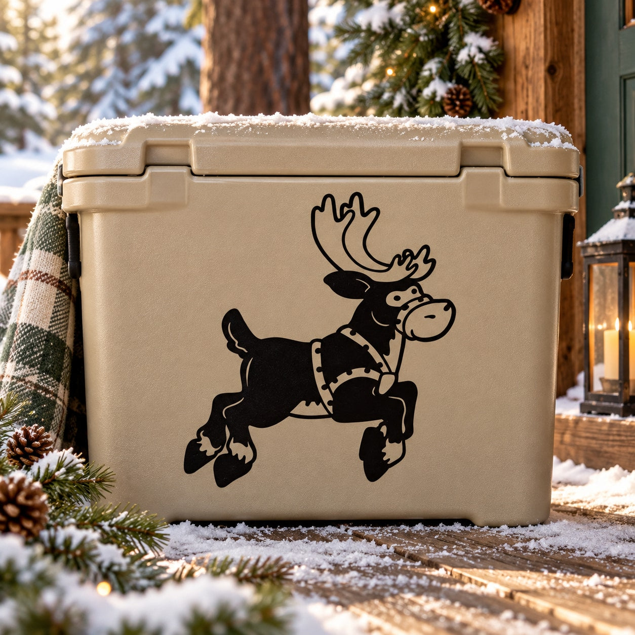Black reindeer decal sticker with antlers and legs posed as jumping