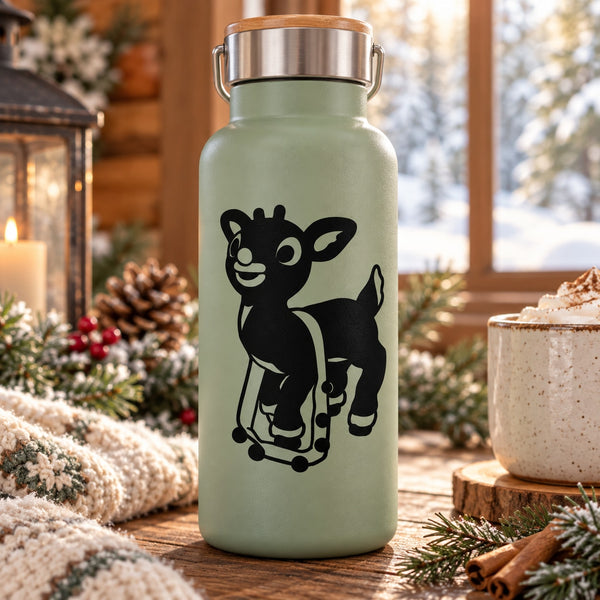 Reindeer decal with black cartoon reindeer graphic on mint bottle