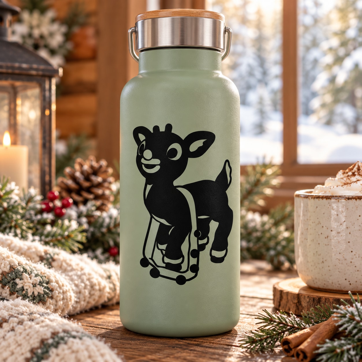 Reindeer decal with black cartoon reindeer graphic on mint bottle