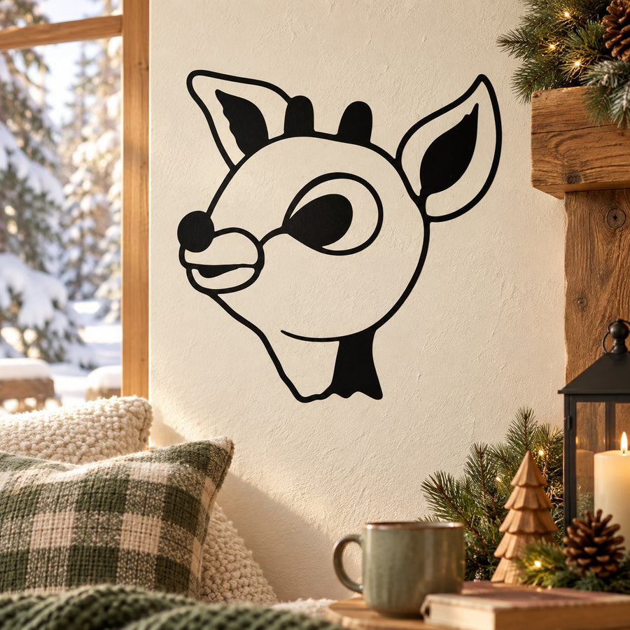 Reindeer head wall decal with black-and-white line art, large ears and round nose