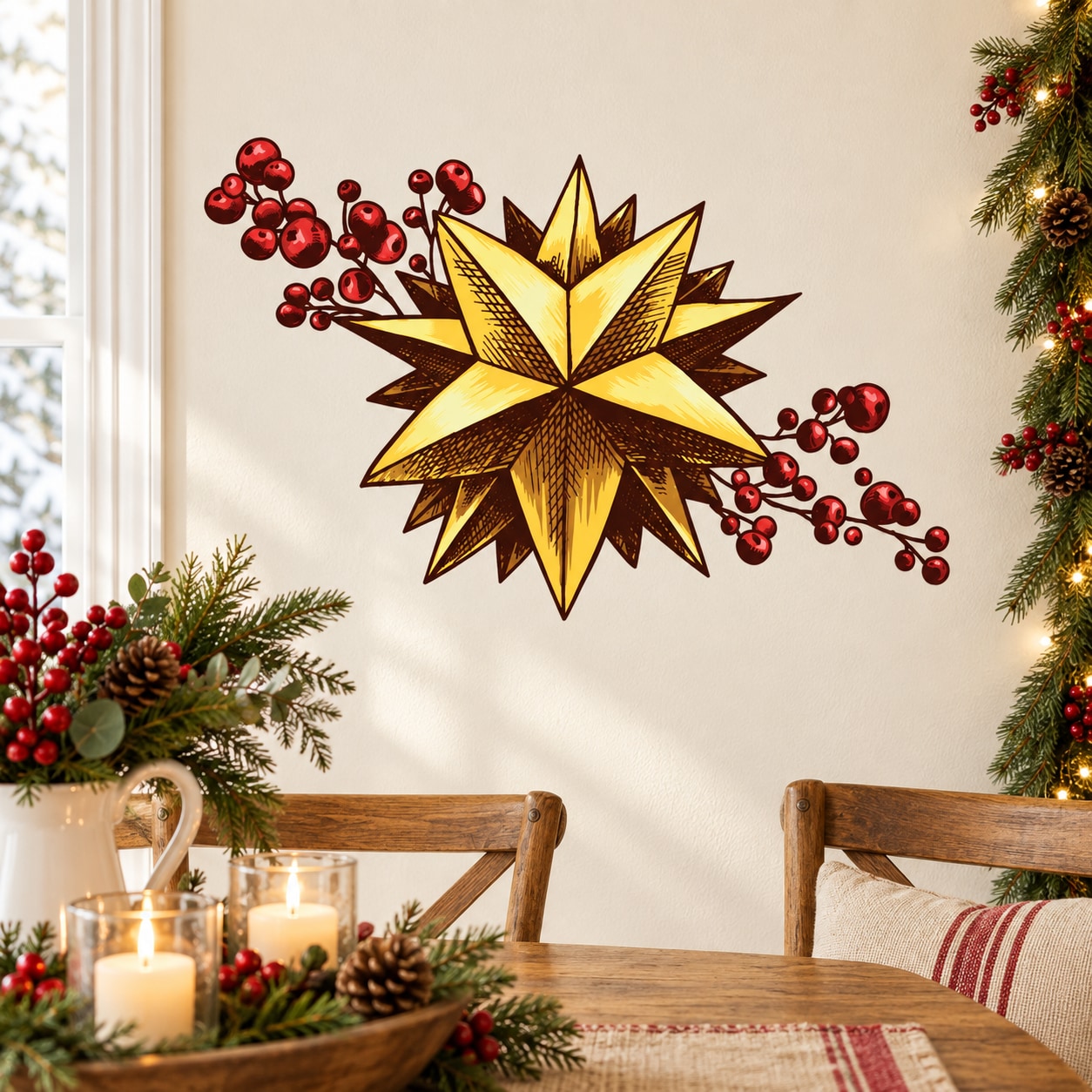 Christmas star holly berries printed wall decal, gold star with red berry cluster