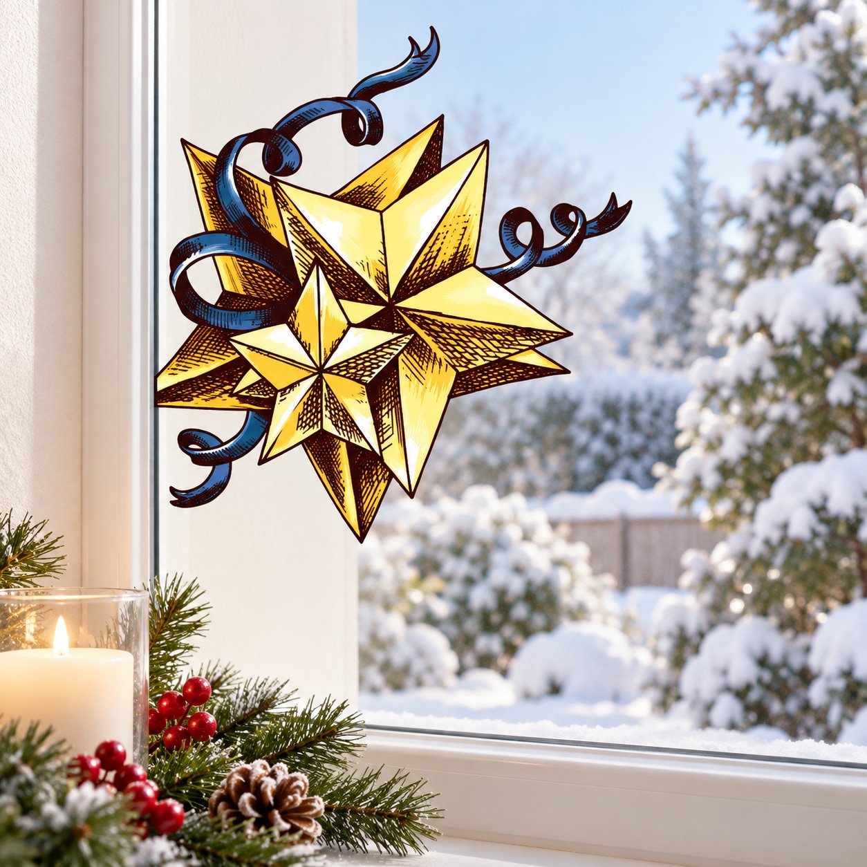Gold and blue Christmas star wall decal with curled ribbon tails