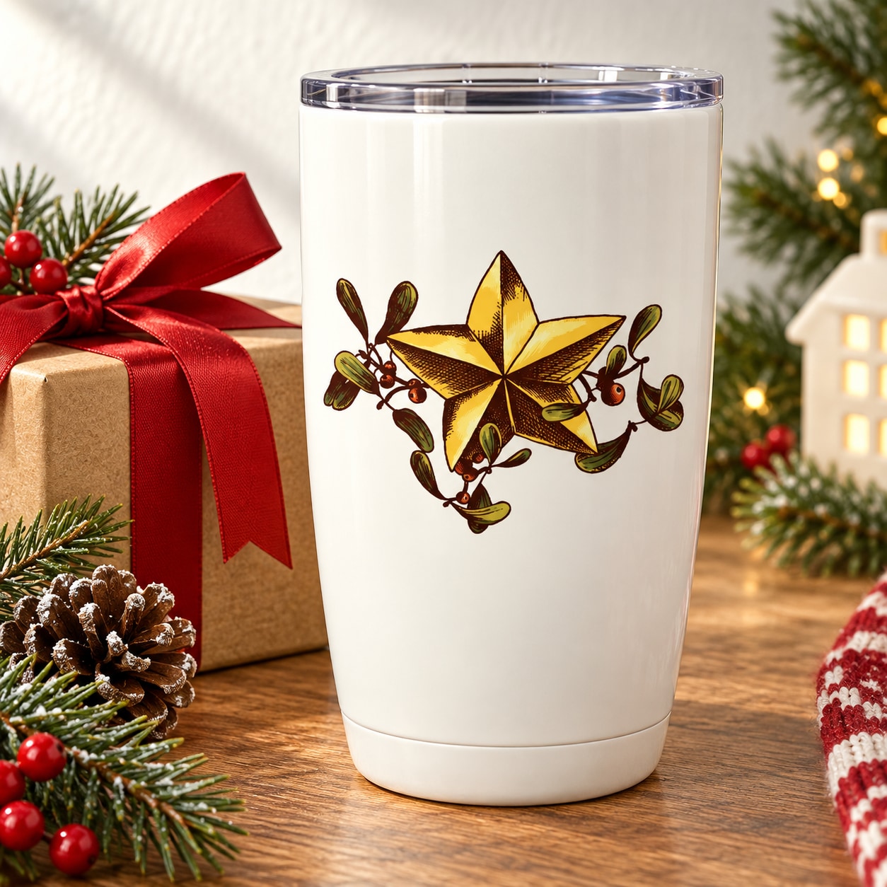 White drink tumbler with gold star and mistletoe printed decal