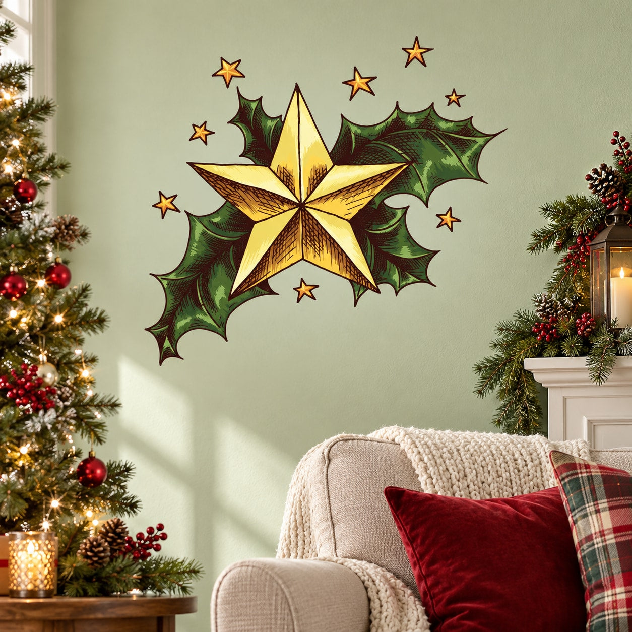 Christmas wall decal of a gold star with green holly leaves and small orange sparkles