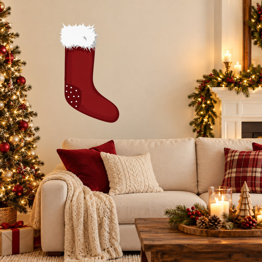 Red Christmas stocking sticker with white fuzzy cuff and small white dot accents