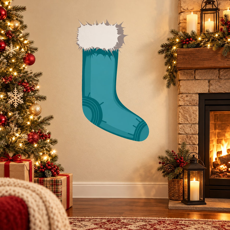 Teal Christmas stocking round patch sticker with white jagged top edge