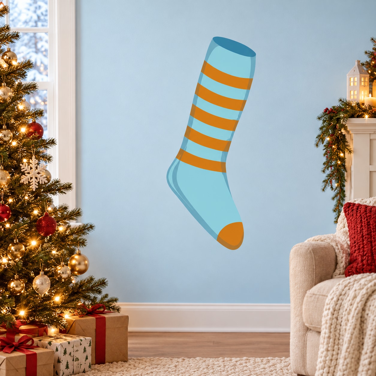 Blue stocking sticker with orange and teal horizontal stripes