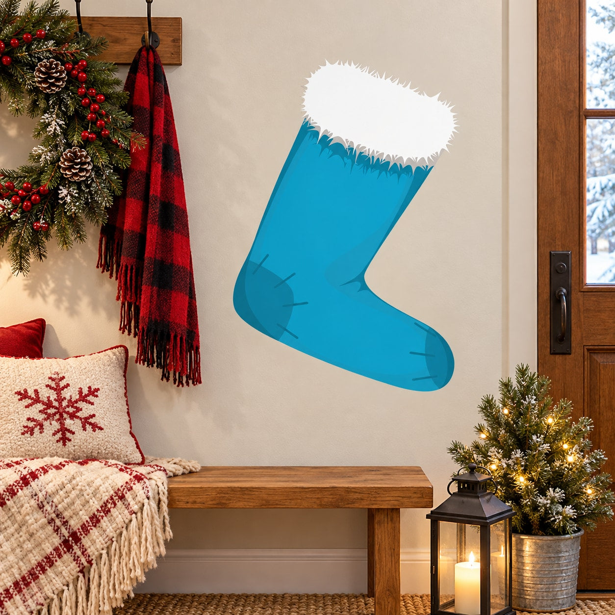 Blue Christmas stocking stitch patch sticker with white fuzzy cuff
