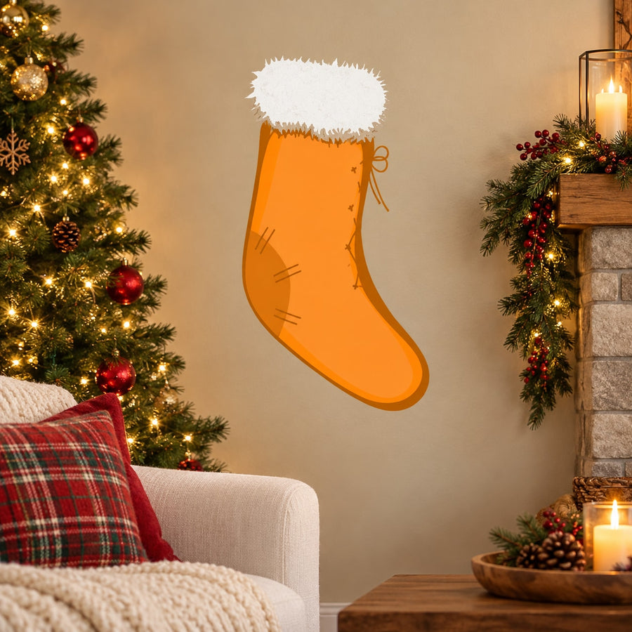 Orange Christmas stocking wall sticker with white faux-fur cuff and ribbon bow