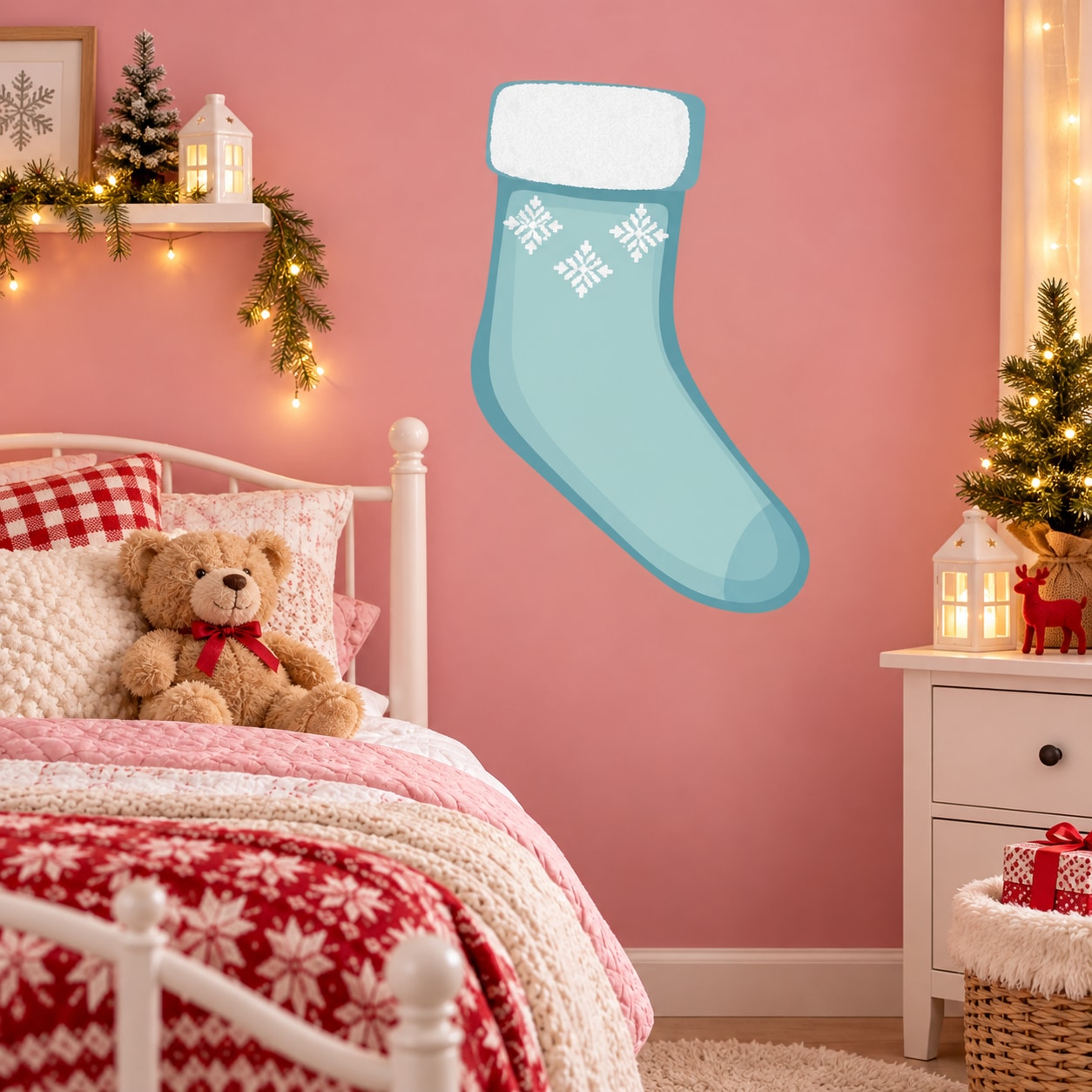 Blue stocking wall sticker with white snowflake pattern