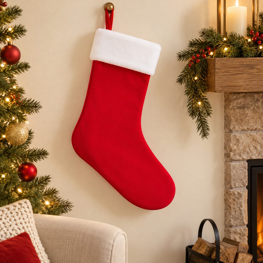 Red Christmas stocking with white cuff, hanging