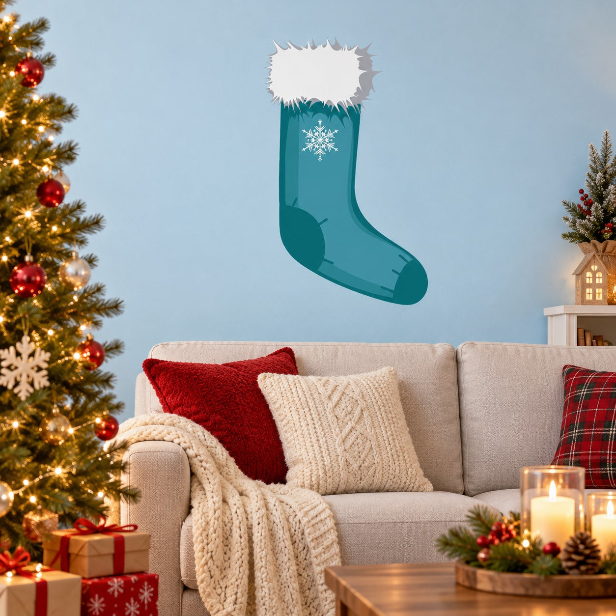 Teal Christmas stocking wall sticker with white snowflake design