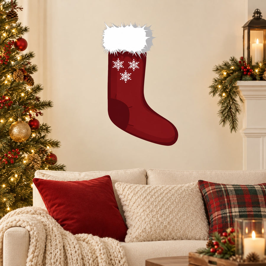 Christmas stocking wall sticker with white fuzzy cuff and snowflake design on red sock