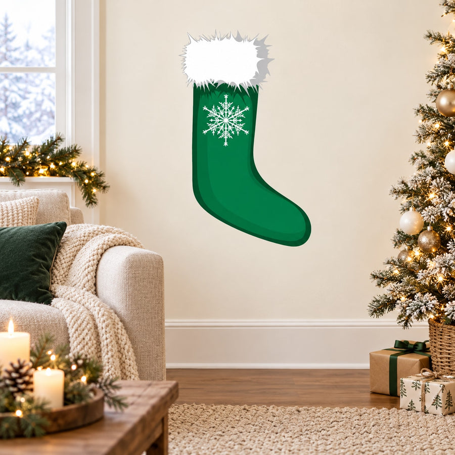 Green Christmas stocking sticker with white snowflake design