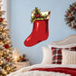 Red Christmas stocking sticker with holly and mistletoe sprig design