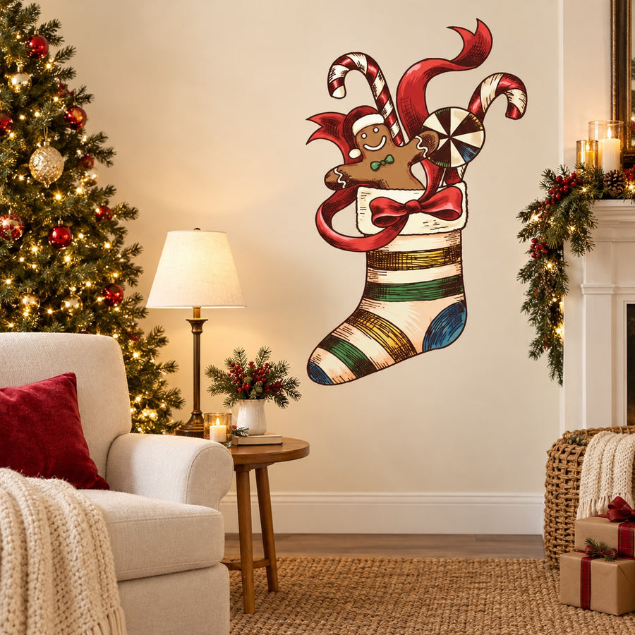 Christmas stocking wall sticker with gingerbread man, candy cane, and peppermint details