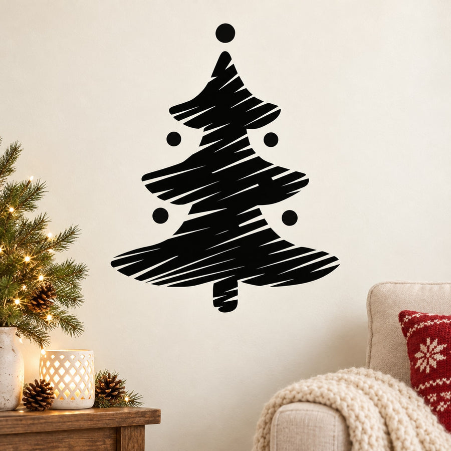 Black sketched Christmas tree wall decal with ribbon-like lines and scattered dots