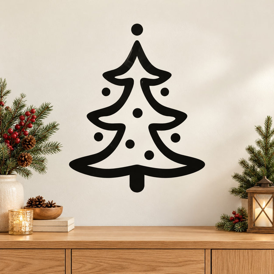 Christmas tree cookie decal, black outline tree with dots and circular ornaments
