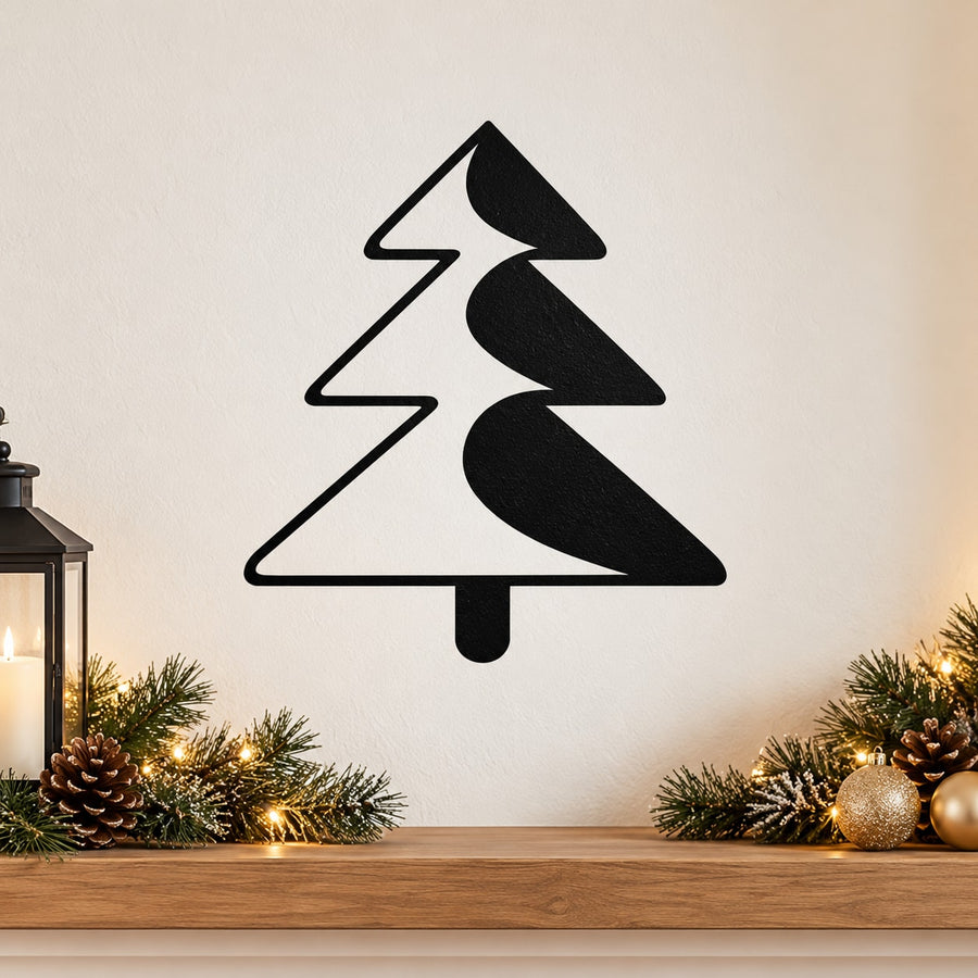Black pine tree wall decal with simple shaded trunk and layered branches