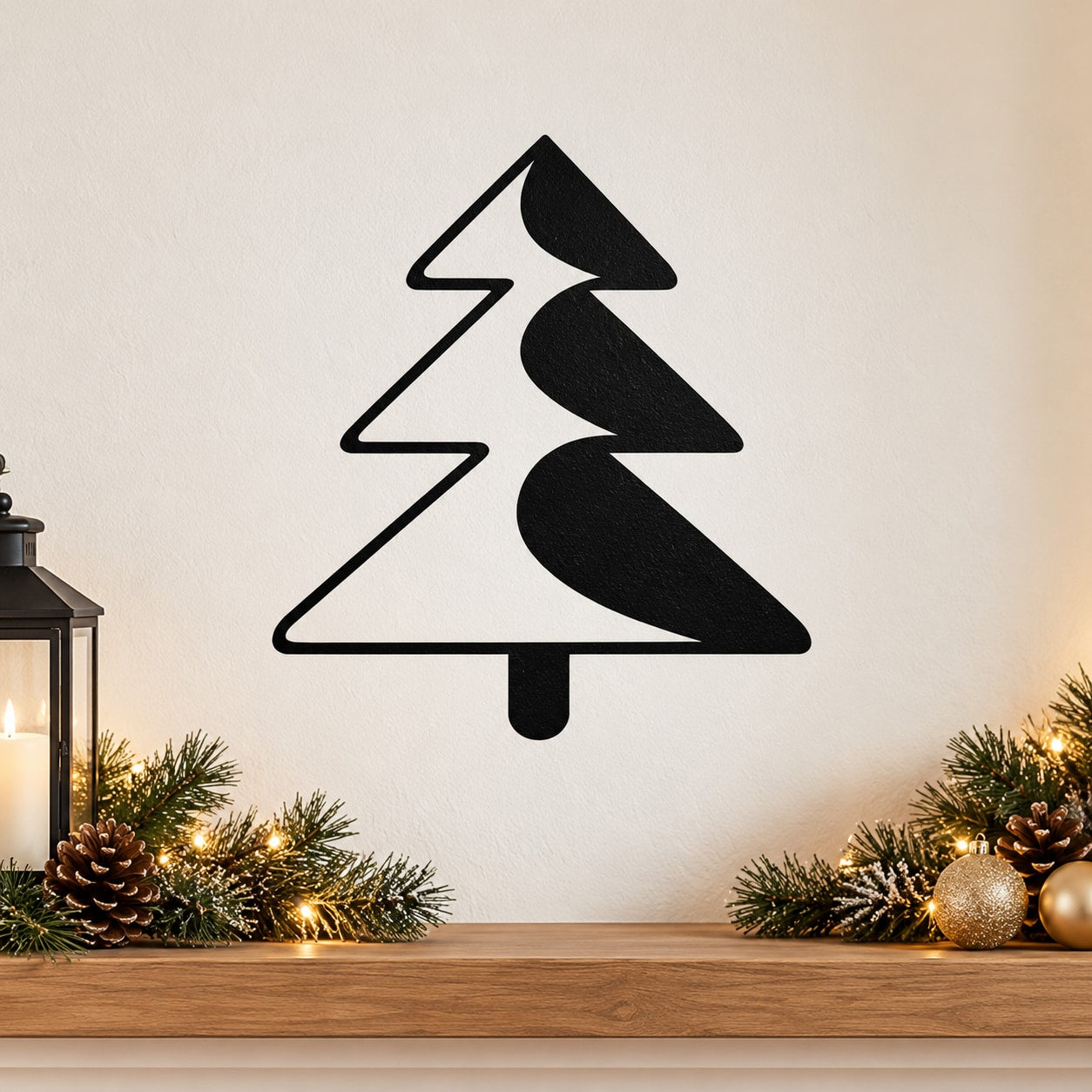 Black pine tree wall decal with simple shaded trunk and layered branches