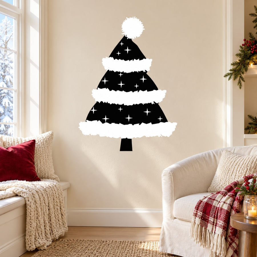 Black and white Christmas tree wall sticker with white garland and star accents
