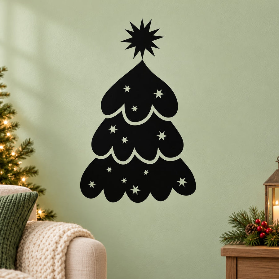 Black Christmas tree wall decal with star sparkles