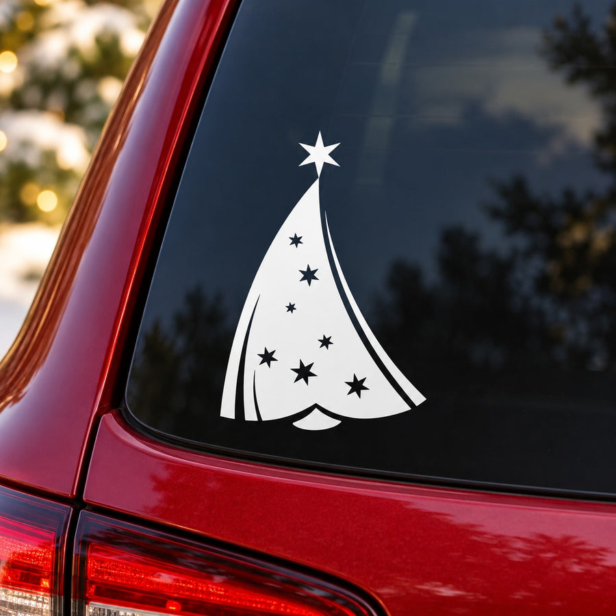 Leaning Christmas tree decal with white tree and star sparkles