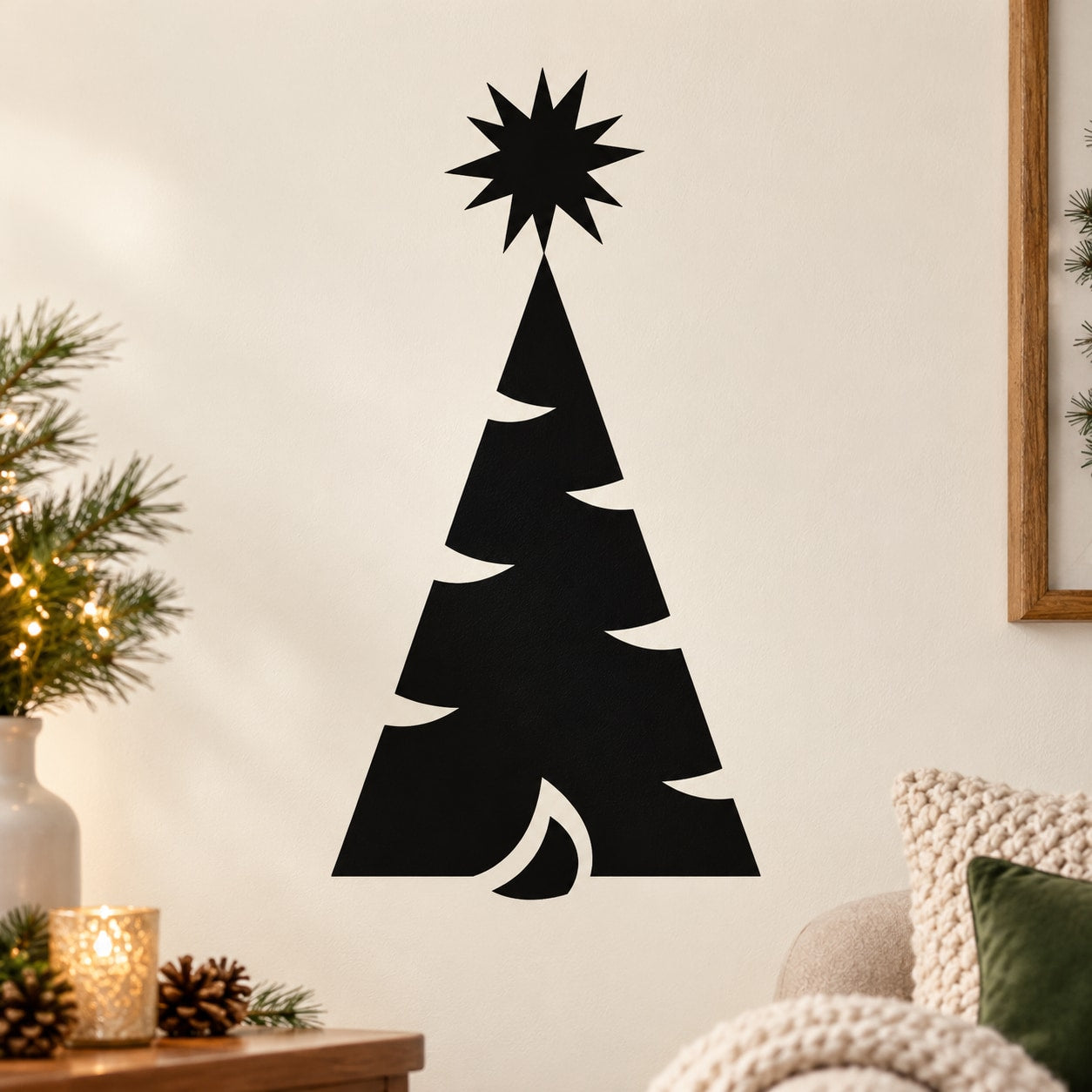Striped Christmas tree wall decal with black and white silhouette