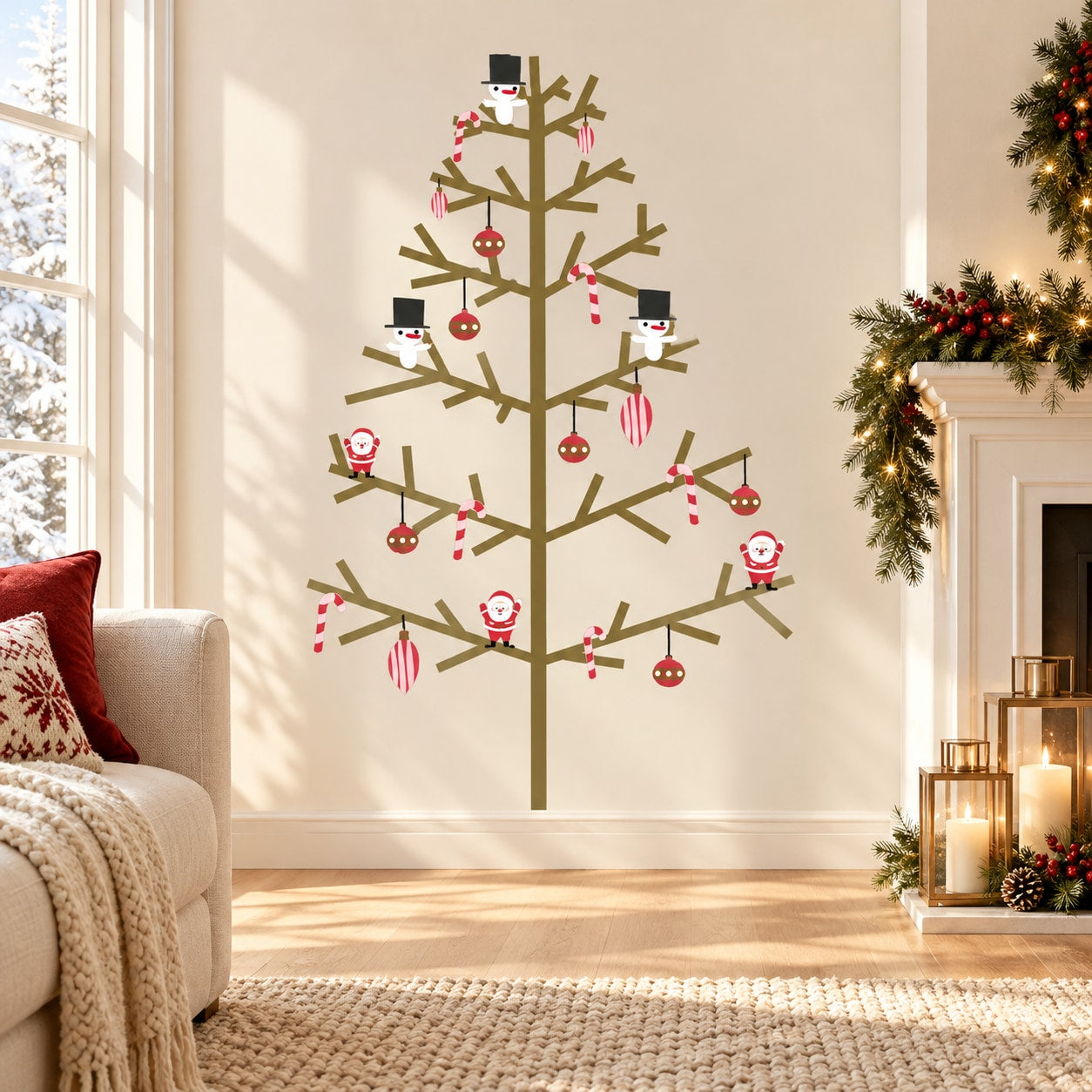 Christmas tree wall decal with red ornaments, candy canes, and star details