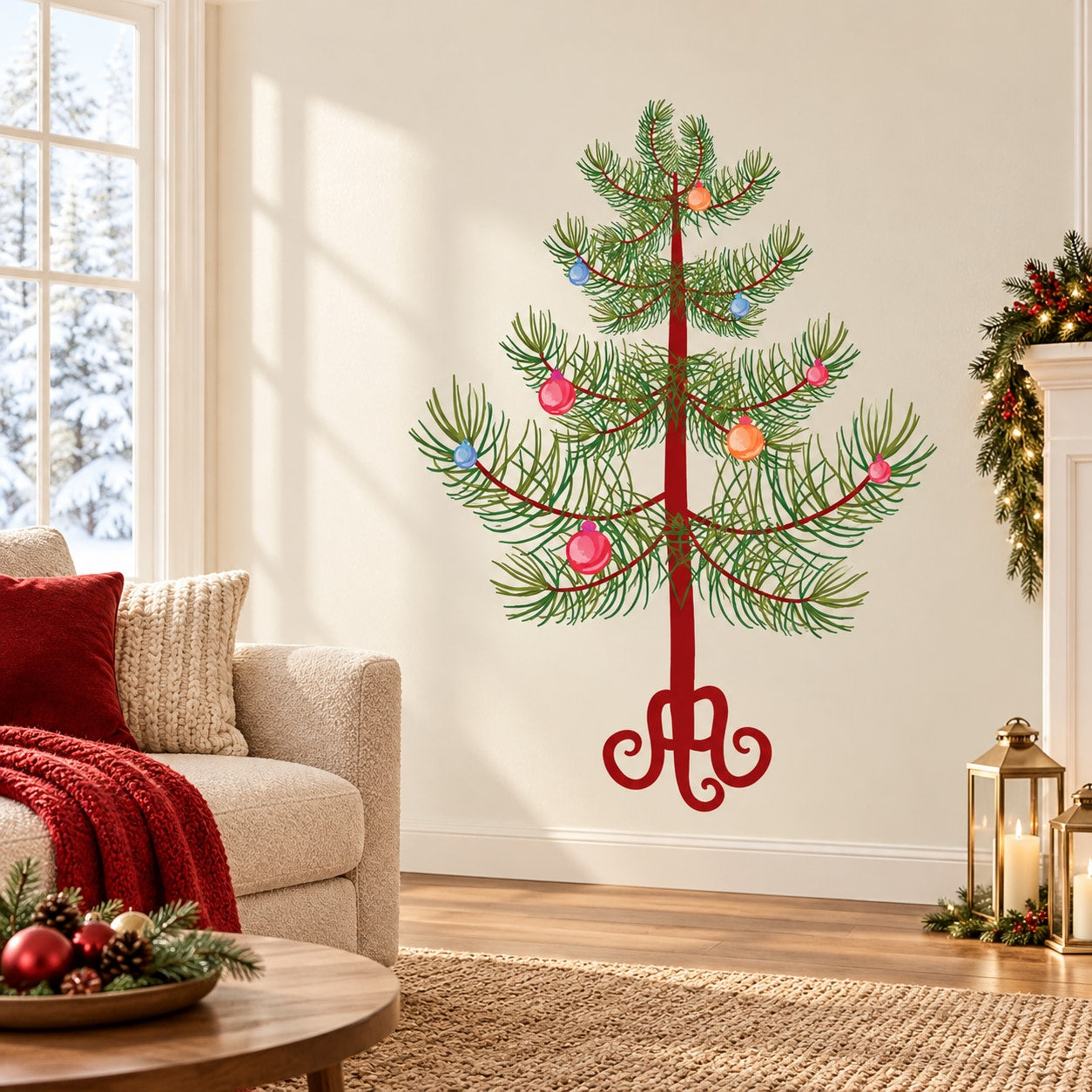 Decorative clear sticker of Christmas sapling tree with ornaments and 'Ho Ho Ho' text