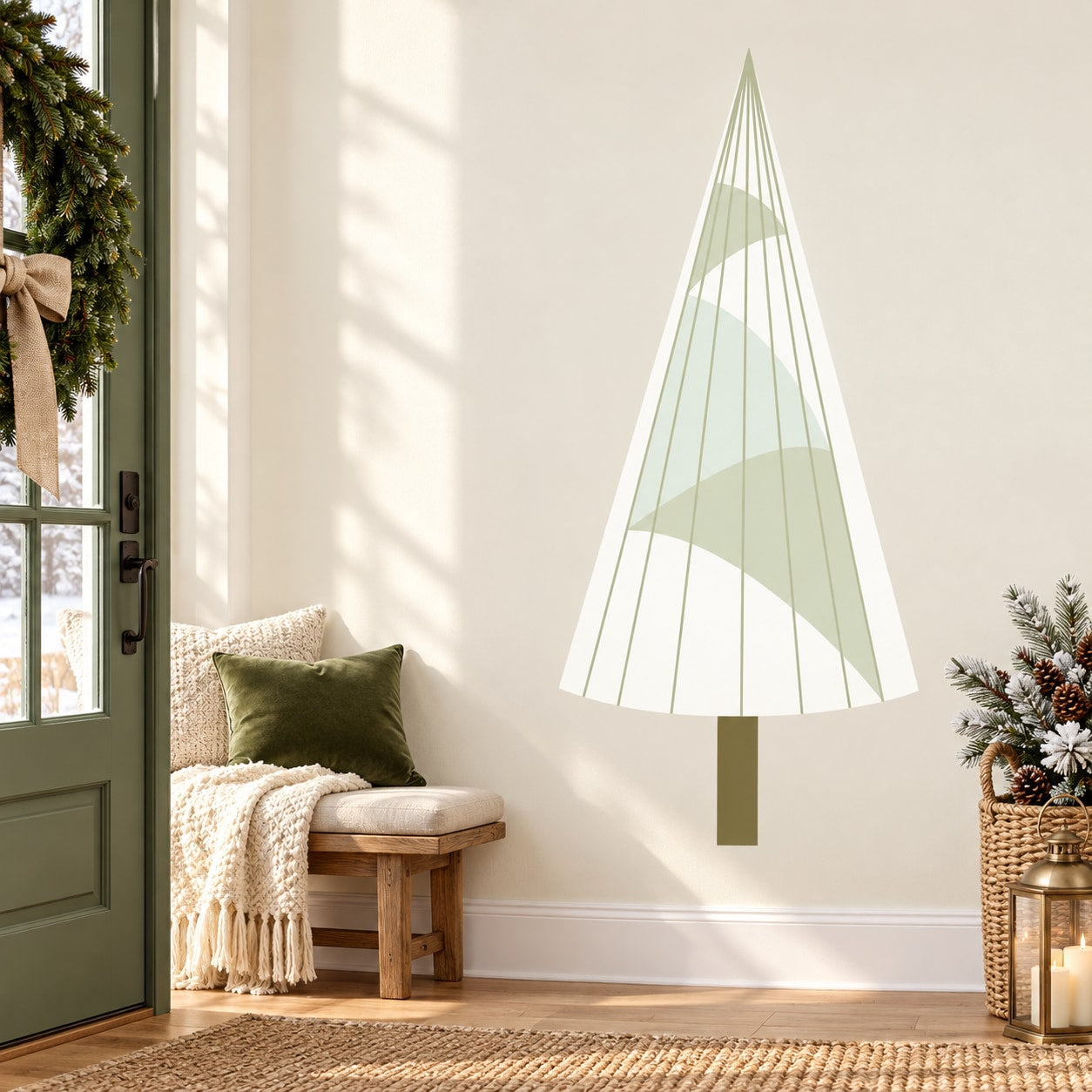 Geometric Christmas tree wall sticker decal, light green with brown trunk