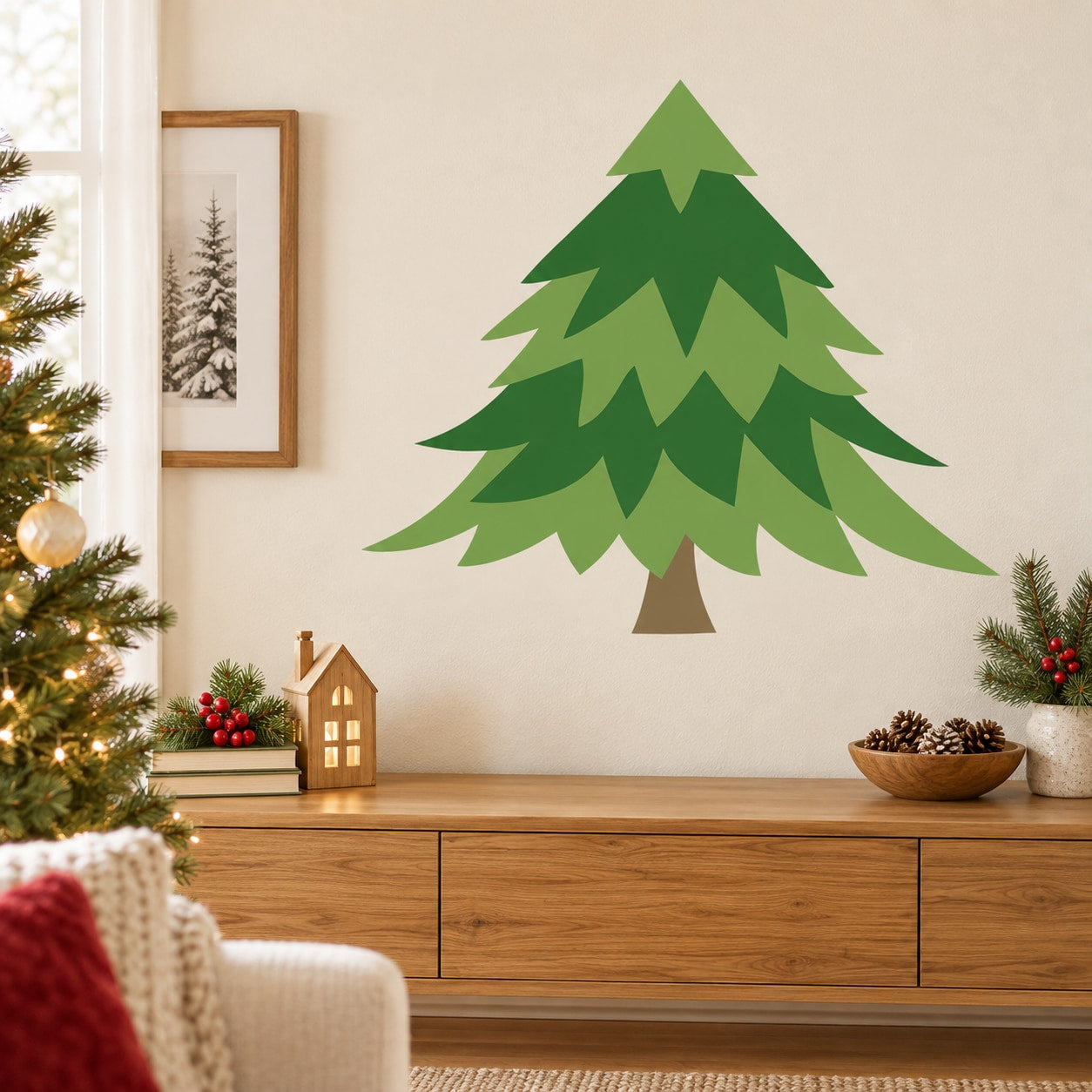 Green pine tree wall sticker with layered triangular branches