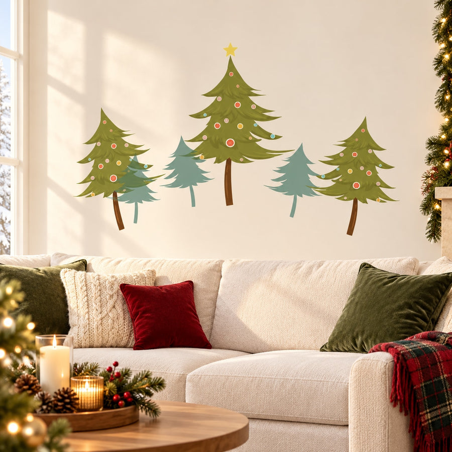 Christmas tree farm wall decal with five illustrated Christmas trees and small lights