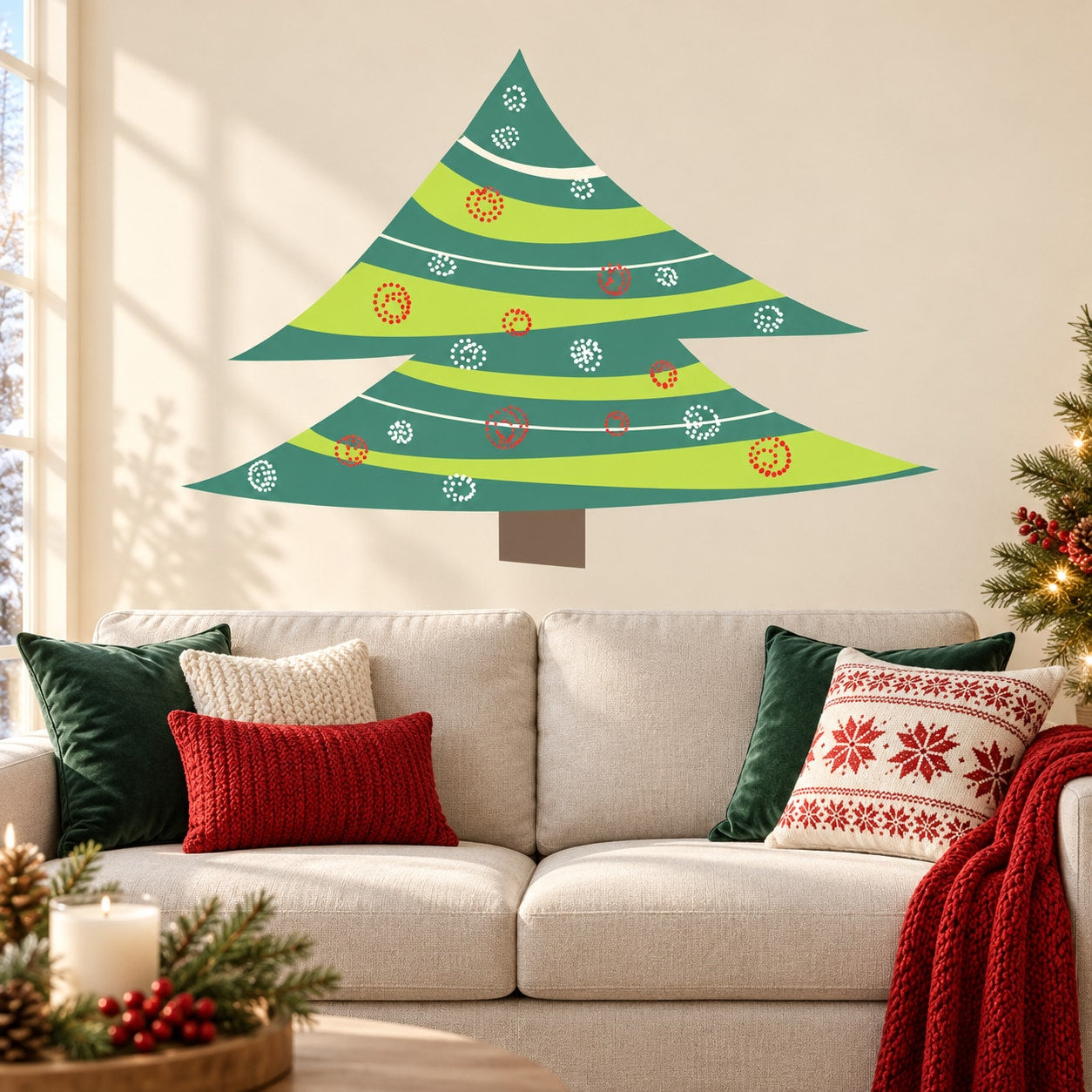 Christmas tree wall sticker with striped green tree and colorful ornaments