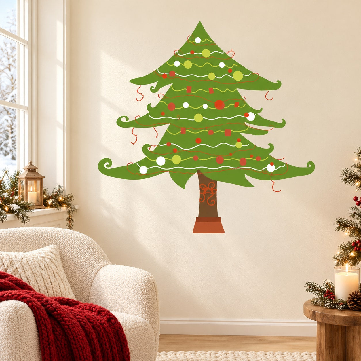 Christmas tree printed wall decal, green layered tree with red ornaments and lights