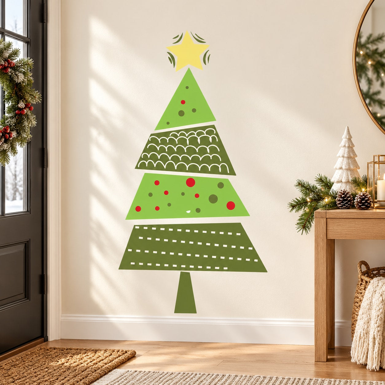 Green Christmas tree wall decal with red dots and striped pattern