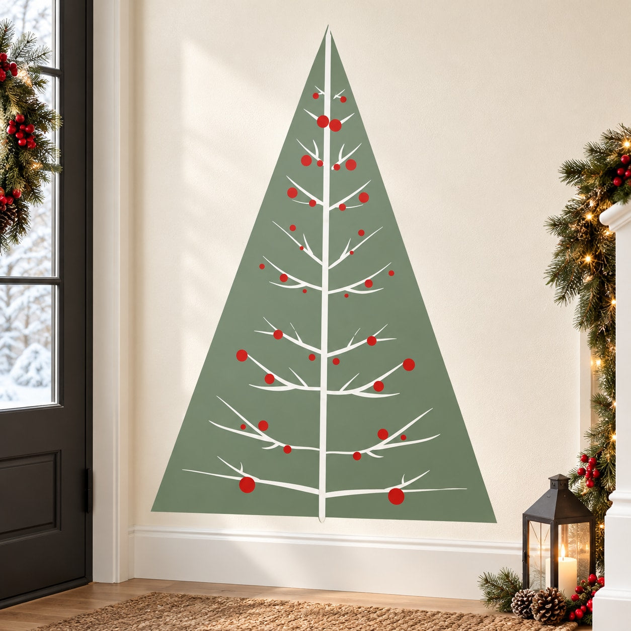 Green Christmas tree wall decal with red ornaments and white branch lines
