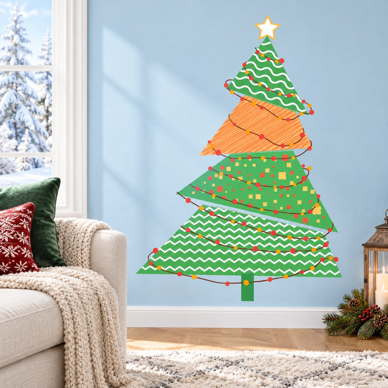 Colorful Christmas tree wall decal with star topper and striped layers