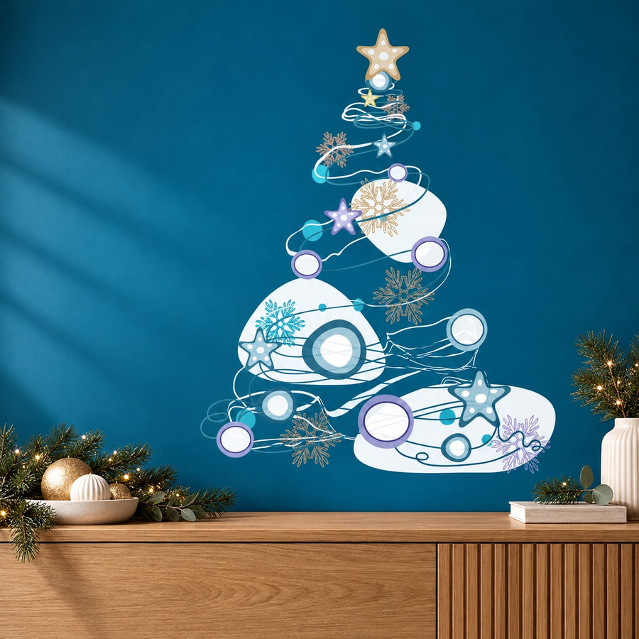 Christmas tree wall decal with blue illustrated tree, stars, ornaments, and snowflakes