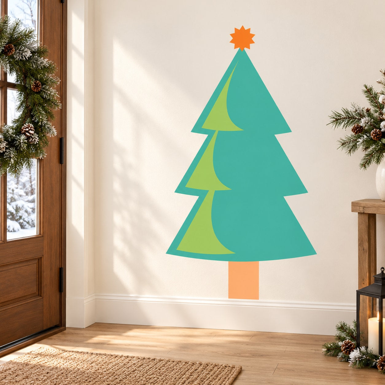 Christmas tree wall sticker with teal layered tree and orange star topper