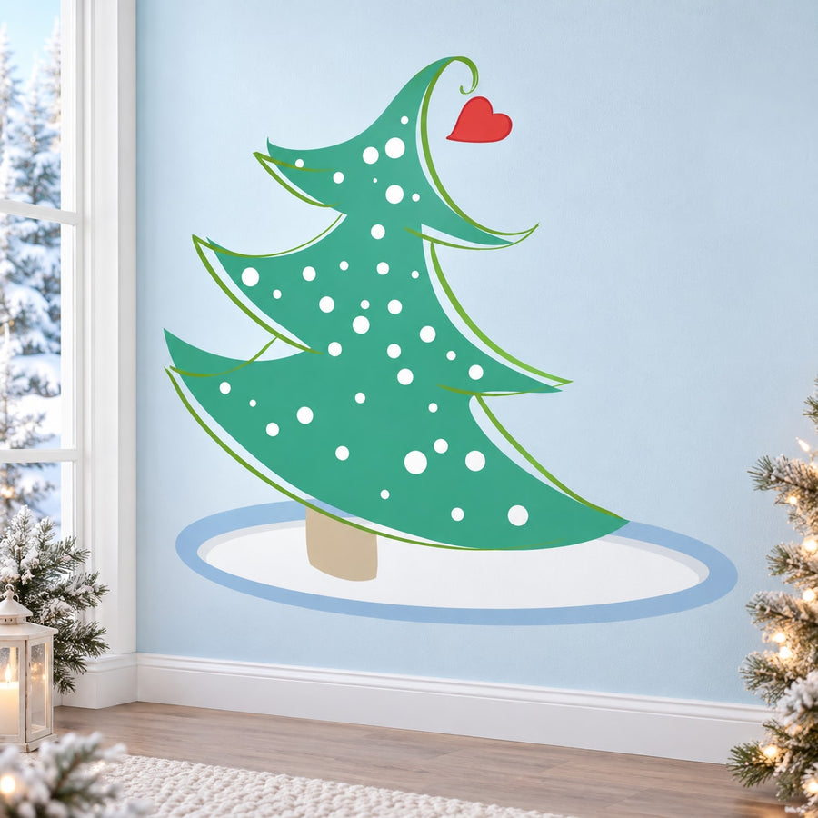 Green Christmas tree wall sticker with white dots and red heart on top